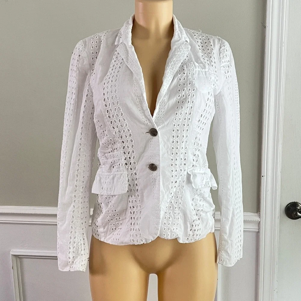 J.Crew Eyelet Blazer Womens 4 White Cotton‎ Floral Lace Two Button Summer Jacket